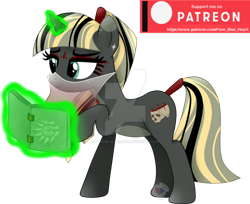 Size: 1280x1046 | Tagged: safe, artist:pure-blue-heart, derpibooru import, oc, oc only, oc:love poison, unicorn, deviantart watermark, female, green magic, inspiration manifestation book, levitation, magic, mare, obtrusive watermark, patreon, patreon logo, patreon reward, simple background, skull, telekinesis, transparent background, veil, watermark