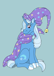 Size: 640x905 | Tagged: safe, artist:bannykin, derpibooru import, trixie, pony, unicorn, bad anatomy, cape, clothes, female, hat, simple background, sitting, solo, trixie's cape, trixie's hat