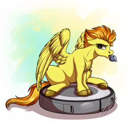 Size: 3000x3000 | Tagged: safe, artist:lupiarts, derpibooru import, spitfire, pegasus, pony, annoyed, behaving like a cat, digital art, drawing, female, ponies riding roombas, riding, roomba, silly, silly pony, solo, whistle