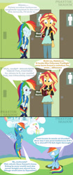 Size: 1920x4608 | Tagged: safe, artist:phantomshadow051, derpibooru import, rainbow dash, sunset shimmer, pegasus, pony, comic:eqg:bursting rainbow, better together, equestria girls, bathroom, blouse, clothes, crossed legs, desperation, double rainbow, duality, finale, hoodie, implied twilight sparkle, jacket, leather jacket, need to pee, omorashi, out of order, potty dance, potty emergency, potty time, rainbow dash's house, request, restroom, self paradox, self ponidox, sunset's journal, sweat, uniform, watersports, wonderbolts uniform