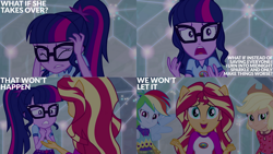 Size: 1280x720 | Tagged: safe, derpibooru import, edit, edited screencap, editor:quoterific, screencap, applejack, rainbow dash, sci-twi, sunset shimmer, twilight sparkle, equestria girls, legend of everfree, applejack's hat, camp everfree outfits, clothes, cowboy hat, eyes closed, female, glasses, hat, offscreen character, open mouth, open smile, ponied up, ponytail, pov, smiling, text