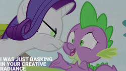 Size: 1280x720 | Tagged: safe, derpibooru import, edit, edited screencap, editor:quoterific, screencap, rarity, spike, dragon, pony, unicorn, inspiration manifestation, season 4, duo, female, inspirarity, male, mare, open mouth, open smile, possessed, smiling, text