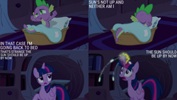 Size: 1280x720 | Tagged: safe, derpibooru import, edit, edited screencap, editor:quoterific, screencap, spike, twilight sparkle, twilight sparkle (alicorn), alicorn, dragon, pony, season 4, twilight's kingdom, blanket, duo, eyes closed, female, golden oaks library, male, mare, night, open mouth, sleeveless, smiling, text