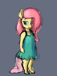 Size: 1535x2048 | Tagged: safe, artist:dummyhorse, artist:phutashi_ad, derpibooru import, fluttershy, anthro, pegasus, unguligrade anthro, blue background, clothes, dress, female, simple background, sketch, solo