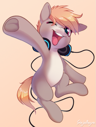 Size: 541x712 | Tagged: safe, artist:ginjallegra, derpibooru import, oc, oc only, oc:cookie malou, earth pony, pony, earth pony oc, female, headphones, imalou, looking at you, mare, one eye closed, open mouth, open smile, pale belly, smiling, solo, waving, white belly