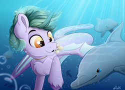 Size: 5000x3600 | Tagged: safe, artist:rainbowfire, derpibooru import, oc, oc only, dolphin, hybrid, kirin, original species, pony, siren, bubble, chest fluff, crepuscular rays, cute, gift art, golden eyes, grin, jewelry, male, necklace, ocean, shells, simple background, smiling, stallion, sunlight, swimming, underwater, water, wings