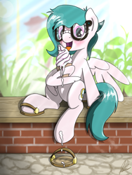 Size: 3000x4000 | Tagged: safe, artist:flaremoon, derpibooru import, oc, oc only, oc:hazy breeze, pegasus, pony, blushing, female, food, glasses, hooves, ice cream, licking, mare, open mouth, open smile, sandals, sitting, smiling, tongue, tongue out