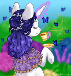 Size: 560x600 | Tagged: safe, artist:vladivoices, derpibooru import, oc, oc only, oc:fidelity, butterfly, unicorn, cup, eyes closed, food, glowing, glowing horn, horn, magic, smiling, solo, tea, teacup, telekinesis, unicorn oc