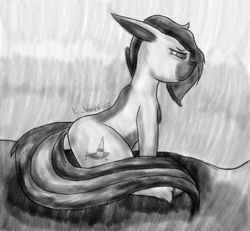 Size: 1760x1624 | Tagged: safe, artist:lil_vampirecj, derpibooru import, oc, oc only, oc:cj vampire, earth pony, pony, art, cutie mark, grayscale, looking down, monochrome, simple background, sitting, sketch, solo, tired