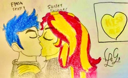 Size: 2439x1498 | Tagged: safe, artist:lugialover249, derpibooru import, flash sentry, sunset shimmer, equestria girls, eyes closed, female, flashimmer, kissing, male, shipping, straight, traditional art