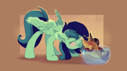 Size: 2560x1440 | Tagged: safe, artist:thyladactyl, derpibooru import, oc, oc only, oc:laniakea, fish, pegasus, pony, blushing, boop, duo, eyes closed, fishbowl, pegasus oc, smiling