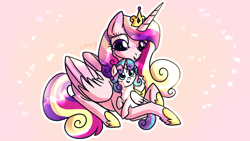 Size: 1600x900 | Tagged: safe, artist:sunniesfunthecupcake, derpibooru import, princess cadance, princess flurry heart, alicorn, pony, cute, duo, female, foal, lying down, mother and child, mother and daughter, parent and child, prone