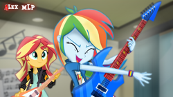 Size: 1280x720 | Tagged: safe, artist:alex mlp, derpibooru import, edit, edited screencap, screencap, rainbow dash, sunset shimmer, equestria girls, friendship games, guitar, musical instrument, smiling