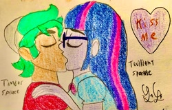 Size: 2619x1675 | Tagged: safe, artist:lugialover249, derpibooru import, sci-twi, timber spruce, twilight sparkle, equestria girls, female, kissing, male, straight, timberlight, traditional art