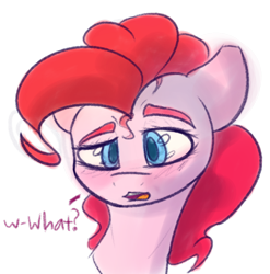 Size: 820x830 | Tagged: safe, artist:newpone, derpibooru import, pinkie pie, pony, blushing, bust, looking at you, portrait, raised eyebrow, simple background, solo, transparent background