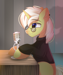 Size: 2243x2654 | Tagged: safe, artist:janelearts, derpibooru import, oc, pony, unicorn, glasses, male, microphone, solo, stallion