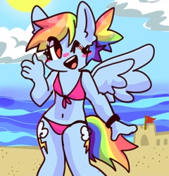 Size: 2500x2600 | Tagged: safe, artist:goblinkinq, derpibooru import, rainbow dash, anthro, beach, bikini, clothes, cute, swimsuit