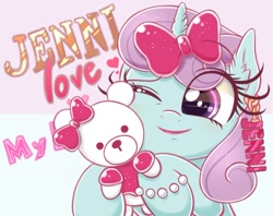 Size: 1277x1011 | Tagged: safe, artist:phoenixrk49, derpibooru import, oc, oc only, oc:jenni love, pony, unicorn, bracelet, bust, eye clipping through hair, female, heart, jewelry, mare, one eye closed, plushie, ribbon, solo, teddy bear