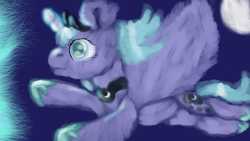 Size: 1600x900 | Tagged: safe, artist:sunniesfunthecupcake, derpibooru import, princess luna, alicorn, pony, female, flying, glowing, glowing horn, horn, s1 luna, solo