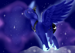 Size: 1200x840 | Tagged: safe, artist:sunniesfunthecupcake, derpibooru import, princess luna, alicorn, pony, eyes closed, female, glowing, glowing horn, horn, solo