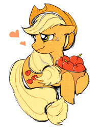 Size: 550x700 | Tagged: safe, artist:rebe921, derpibooru import, applejack, earth pony, pony, apple, apple basket, cute, ears, female, floppy ears, food, heart, heart eyes, hoof hold, jackabetes, mare, simple background, smiling, solo, that pony sure does love apples, white background, wingding eyes