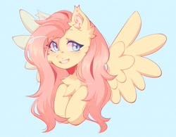 Size: 1861x1454 | Tagged: safe, artist:_stellarsleep, derpibooru import, fluttershy, pegasus, pony, blue background, bust, cheek fluff, chest fluff, cute, ear fluff, ears, female, mare, shyabetes, simple background, smiling, solo, spread wings, wings