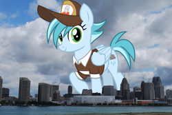 Size: 2300x1540 | Tagged: safe, artist:cheezedoodle96, artist:thegiantponyfan, derpibooru import, edit, rainy day, pegasus, pony, clothes, detroit, female, folded wings, giant pegasus, giant pony, giantess, hat, highrise ponies, irl, looking at you, macro, mailmare, mailmare hat, mare, mega giant, michigan, photo, ponies in real life, raised hoof, raised leg, shirt, smiling, tail, two toned mane, two toned tail, wings