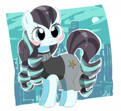 Size: 1938x1779 | Tagged: safe, artist:leo19969525, derpibooru import, coloratura, earth pony, pony, blushing, city, cityscape, clothes, cute, female, mare, partial background, rara, rarabetes, smiling, solo