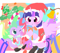 Size: 1800x1600 | Tagged: safe, artist:leo19969525, derpibooru import, spike, twilight sparkle, twilight sparkle (alicorn), alicorn, dragon, pony, bell, blushing, boots, candy, candy cane, christmas, clothes, costume, female, food, hat, holiday, holly, male, mare, one eye closed, present, santa costume, santa hat, shoes, smiling, wink