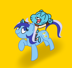 Size: 1200x1145 | Tagged: safe, artist:kanw, derpibooru exclusive, derpibooru import, minuette, anthro, cat, pony, unicorn, crossover, digital art, duo, eyes closed, female, gumball watterson, happy, holding, holding horn, mare, open mouth, raised hand, riding, riding a pony, simple background, the amazing world of gumball, yellow background