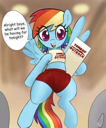 Size: 3387x4096 | Tagged: safe, artist:_ton618_, derpibooru import, rainbow dash, human, pegasus, pony, clothes, cute, dialogue, female, female focus, flying, meme, menu, offscreen character, open mouth, open smile, outback steakhouse, restaurant, short shirt, shorts, smiling, solo focus, speech bubble, tomboy, tomboy gf, tomboy outback, waitress