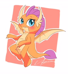 Size: 3755x4096 | Tagged: safe, artist:leo19969525, derpibooru import, smolder, dragon, blushing, cute, cute little fangs, dragoness, fangs, female, simple background, smiling, smolderbetes, solo