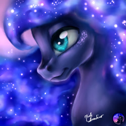 Size: 2449x2449 | Tagged: safe, artist:nemoturunen, derpibooru import, princess luna, alicorn, pony, bust, ethereal mane, eyelashes, female, high res, mare, missing accessory, signature, solo, starry mane