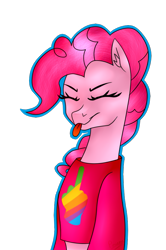 Size: 639x965 | Tagged: safe, artist:peachyminnie, derpibooru import, pinkie pie, earth pony, pony, :p, bust, clothes, eyes closed, female, mare, simple background, solo, tongue, tongue out, transparent background