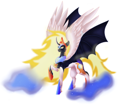 Size: 1280x1059 | Tagged: safe, artist:peachyminnie, derpibooru import, daybreaker, nightmare moon, alicorn, bat pony, bat pony alicorn, pony, bat wings, ethereal mane, female, fusion, hoof shoes, horn, mane of fire, mare, peytral, raised hoof, raised leg, simple background, solo, starry mane, transparent background, wings