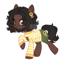 Size: 1024x866 | Tagged: safe, artist:miioko, derpibooru import, oc, oc only, earth pony, pony, clothes, deviantart watermark, earth pony oc, flower, flower in hair, obtrusive watermark, shorts, simple background, solo, sunflower, transparent background, watermark