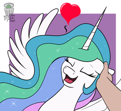 Size: 2646x2417 | Tagged: safe, artist:trash anon, princess celestia, alicorn, human, pony, :d, cute, cutelestia, ear scratch, ears, eyes closed, female, floppy ears, happy, heart, human on pony petting, mare, offscreen character, offscreen human, open mouth, open smile, petting, pov, smiling, spread wings, wings