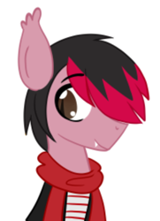 Size: 292x403 | Tagged: safe, artist:alandisc, derpibooru import, bat pony, pony, 2 color hair, black hair, clothes, coat, emo, fall out boy, fangs, gift for friend, hair over one eye, pete wentz, pink, ponified, red scarf, scarf, shirt, slit eyes, striped shirt