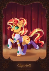 Size: 1431x2048 | Tagged: safe, artist:skysorbett, derpibooru import, sunset shimmer, pony, unicorn, alternate hairstyle, boots, clothes, cosplay, costume, crossover, cute, dc comics, female, jewelry, mare, open mouth, raised hoof, raised leg, regalia, shimmerbetes, shoes, solo, starfire, sunset cosplay flashmob, teen titans