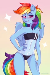 Size: 692x1024 | Tagged: safe, artist:skysorbett, derpibooru import, rainbow dash, anthro, pegasus, belly button, blushing, clothes, cute, dashabetes, delicious flat chest, female, gradient background, grin, gris swimsuit, looking at you, mare, meme, one-piece swimsuit, rainbow flat, see-through, small breasts, smiling, smiling at you, solo, sparkles, swimsuit