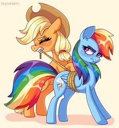 Size: 1898x2048 | Tagged: safe, alternate version, artist:skysorbett, derpibooru import, applejack, rainbow dash, earth pony, pegasus, pony, fall weather friends, season 1, applejack's hat, blushing, bondage, bound wings, clothes, cowboy hat, duo, eyes closed, female, freckles, gritted teeth, hat, mare, mouth hold, rainbond dash, rainbow dash is not amused, rope, running, scene interpretation, tied up, unamused, wings