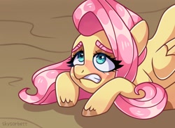 Size: 2048x1493 | Tagged: safe, alternate version, artist:skysorbett, derpibooru import, screencap, fluttershy, pegasus, pony, dragonshy, blushing, female, gritted teeth, mare, scared, scene interpretation, solo, unshorn fetlocks