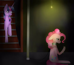 Size: 2618x2291 | Tagged: safe, artist:maneblue, derpibooru import, pinkie pie, twilight sparkle, unicorn twilight, earth pony, pony, unicorn, abuse, basement, chains, collar, duo, ears, female, floppy ears, indoors, mare, medallion, pinkiebuse, prisoner, sad, smiling