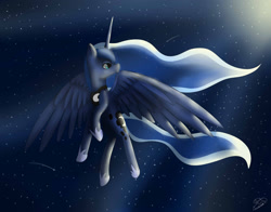 Size: 2767x2167 | Tagged: safe, artist:maneblue, derpibooru import, princess luna, alicorn, pony, ethereal mane, female, hoof shoes, looking back, mare, night, peytral, signature, solo, starry mane, stars