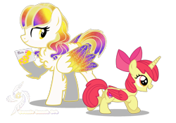 Size: 1700x1200 | Tagged: safe, artist:galeemlightseraphim, derpibooru import, apple bloom, alicorn, pony, alicornified, base used, chest fluff, cutie mark, duo, ethereal mane, eyelashes, female, filly, foal, hoof hold, mare, race swap, simple background, smiling, starry mane, starry wings, the cmc's cutie marks, transparent background, wings