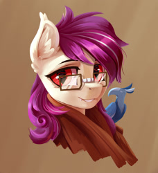 Size: 1280x1405 | Tagged: safe, artist:770418gyygy, derpibooru import, oc, oc:sunset cloudy, bat pony, phoenix, pony, clothes, ear fluff, ears, glasses, ice phoenix, scarf, smiling