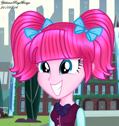 Size: 798x846 | Tagged: safe, artist:yulianapie26, derpibooru import, pinkie pie, equestria girls, alternate hairstyle, base used, bust, clothes, crystal prep academy uniform, eyelashes, female, grin, outdoors, pigtails, school uniform, smiling, solo