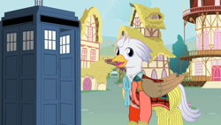 Size: 1280x720 | Tagged: safe, artist:mlp-silver-quill, derpibooru import, oc, oc:silver quill, after the fact, after the fact:testing testing 1 2 3, doctor who, ponyville, tardis, the explosion in a rainbow factory, town hall