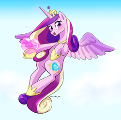 Size: 1160x1151 | Tagged: safe, artist:riouku, derpibooru import, princess cadance, alicorn, pony, blushing, cloud, crown, cute, cutedance, female, flying, heart, hoof shoes, jewelry, mare, open mouth, regalia, sky, solo