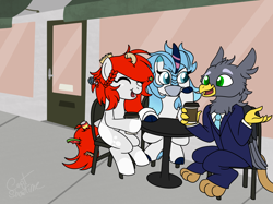 Size: 2732x2048 | Tagged: safe, artist:captshowtime, derpibooru import, oc, oc:auro, oc:lumi, oc:trashie, earth pony, griffon, kirin, pony, cafe, clothes, coffee, commission, female, food, griffon oc, hanging out, mare, necktie, sitting, street, suit, table, tea